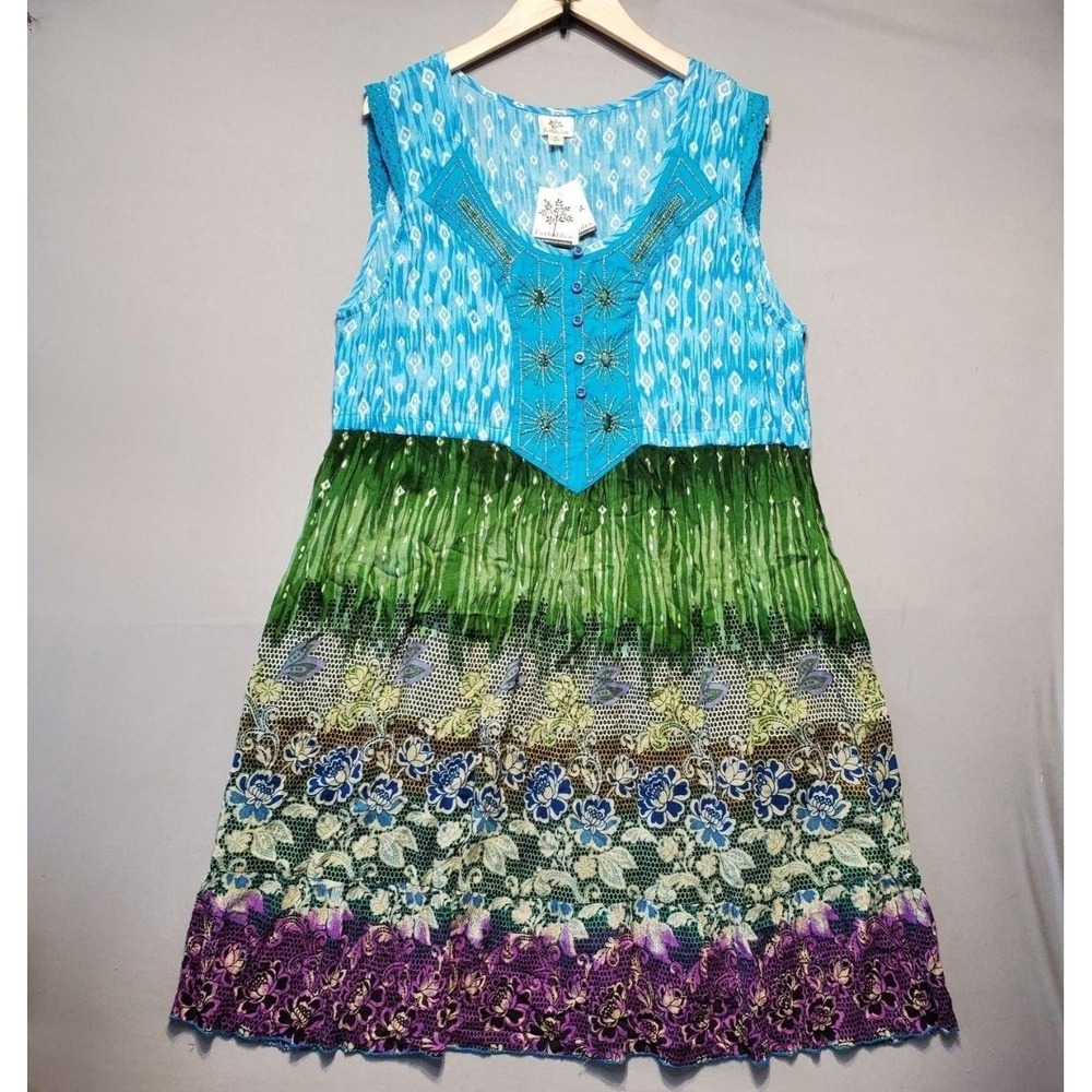 NWT Forbidden Beaded Boho Sundress Womens XL Green Blue Floral Rayon‎ Festival